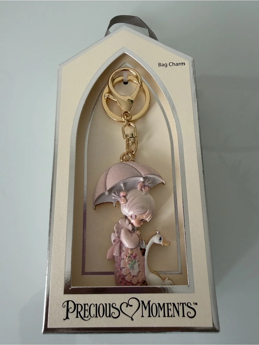 Precious Moments Pink Girl with Umbrella and Swan Keychain bag charm